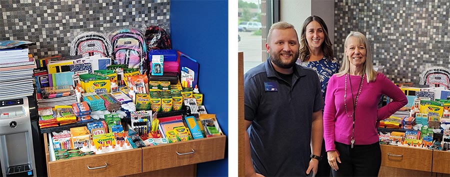 School supply drive photo of team and supplies