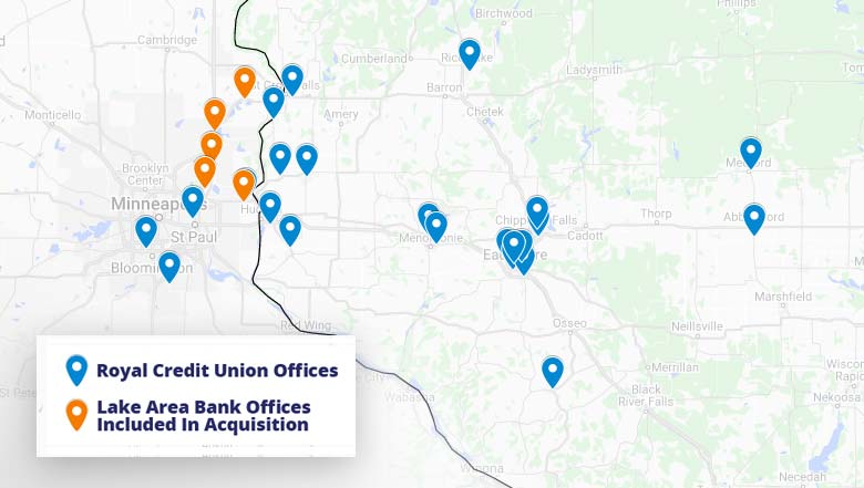 Map of merger area with Lakes Area Bank