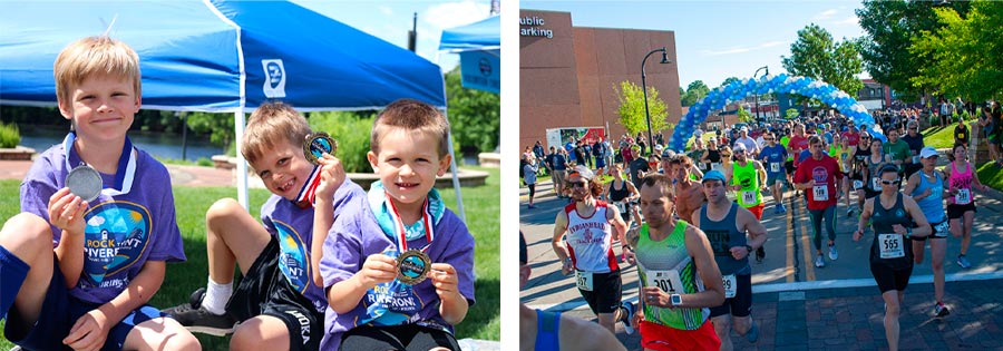 Photos from past races of kids having fun and a large group of runners
