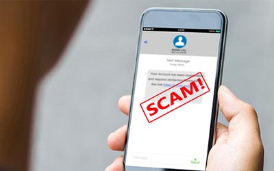 Person holding a phone with words scam on them