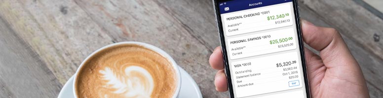 Person holding mobile phone while logged in to banking application