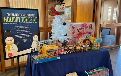 Lobby of one of our offices with gifts on a table