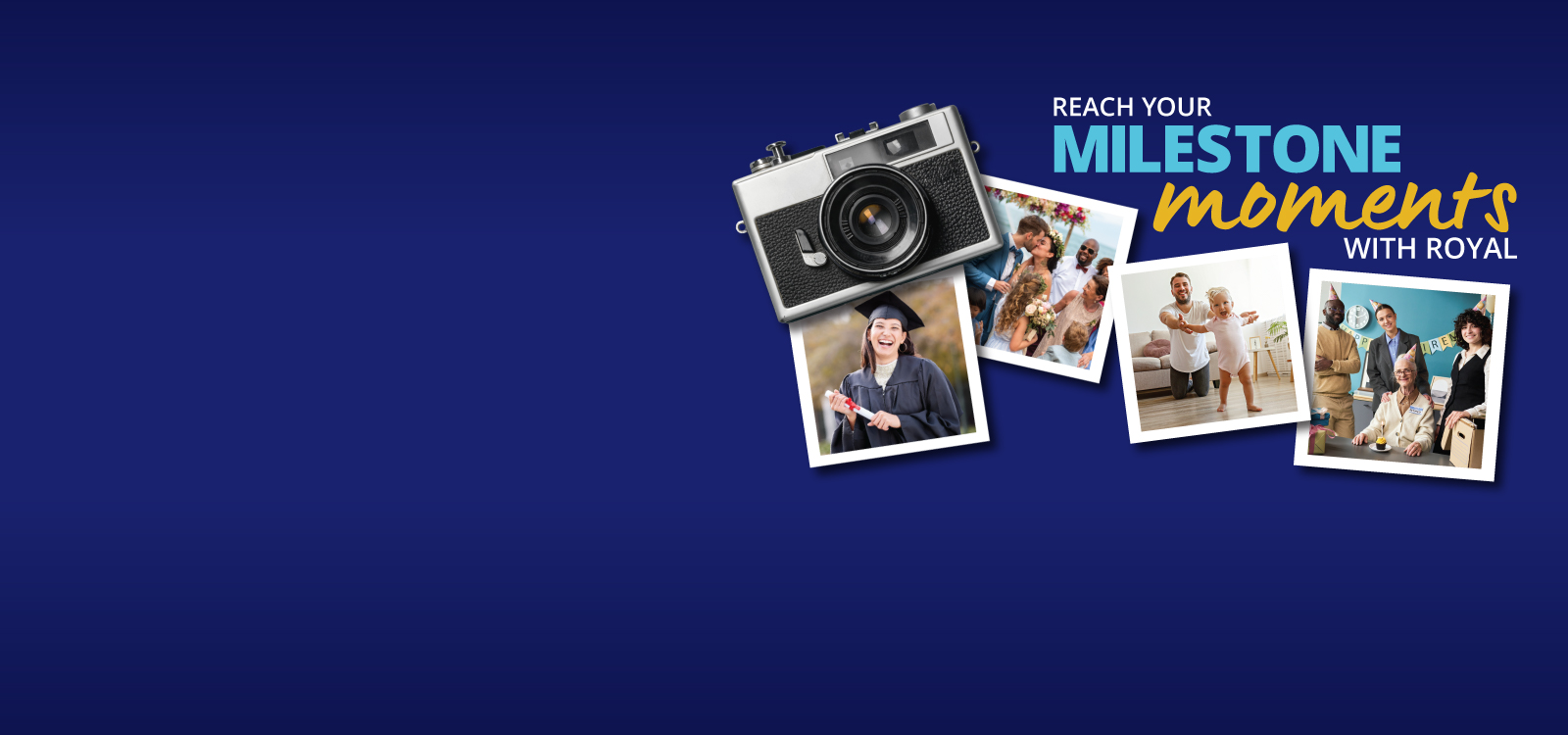 Polaroid photos of happy people and a camera