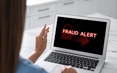 Person on a laptop with with the word Fraud on the screen