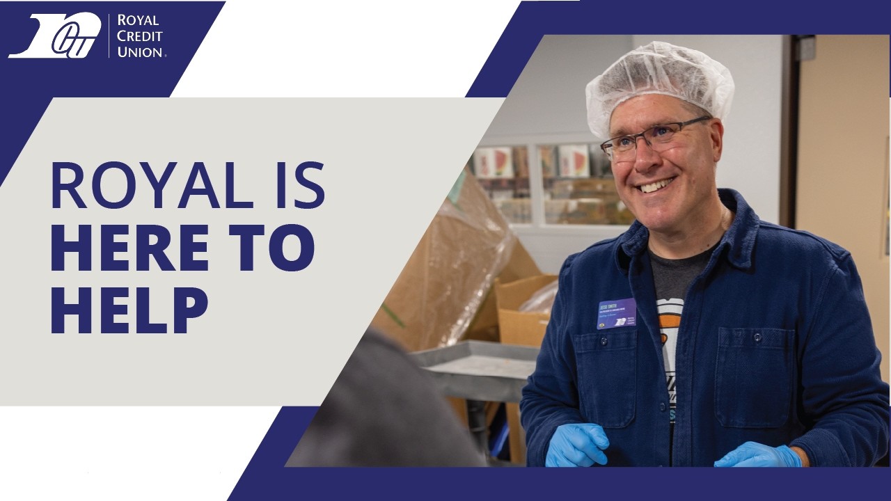 Smiling man wearing a hairnet and gloves at a food packaging facility beside the text 'Royal Is Here to Help.'