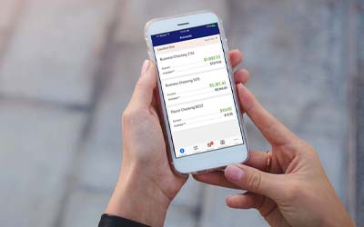 Person holding phone while banking