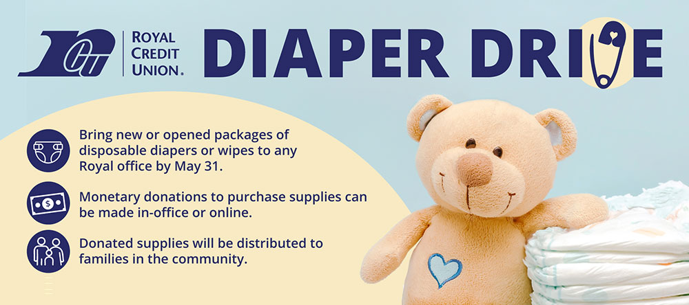 Graphic of Royal's Diaper Drive with a teddy bear and diapers