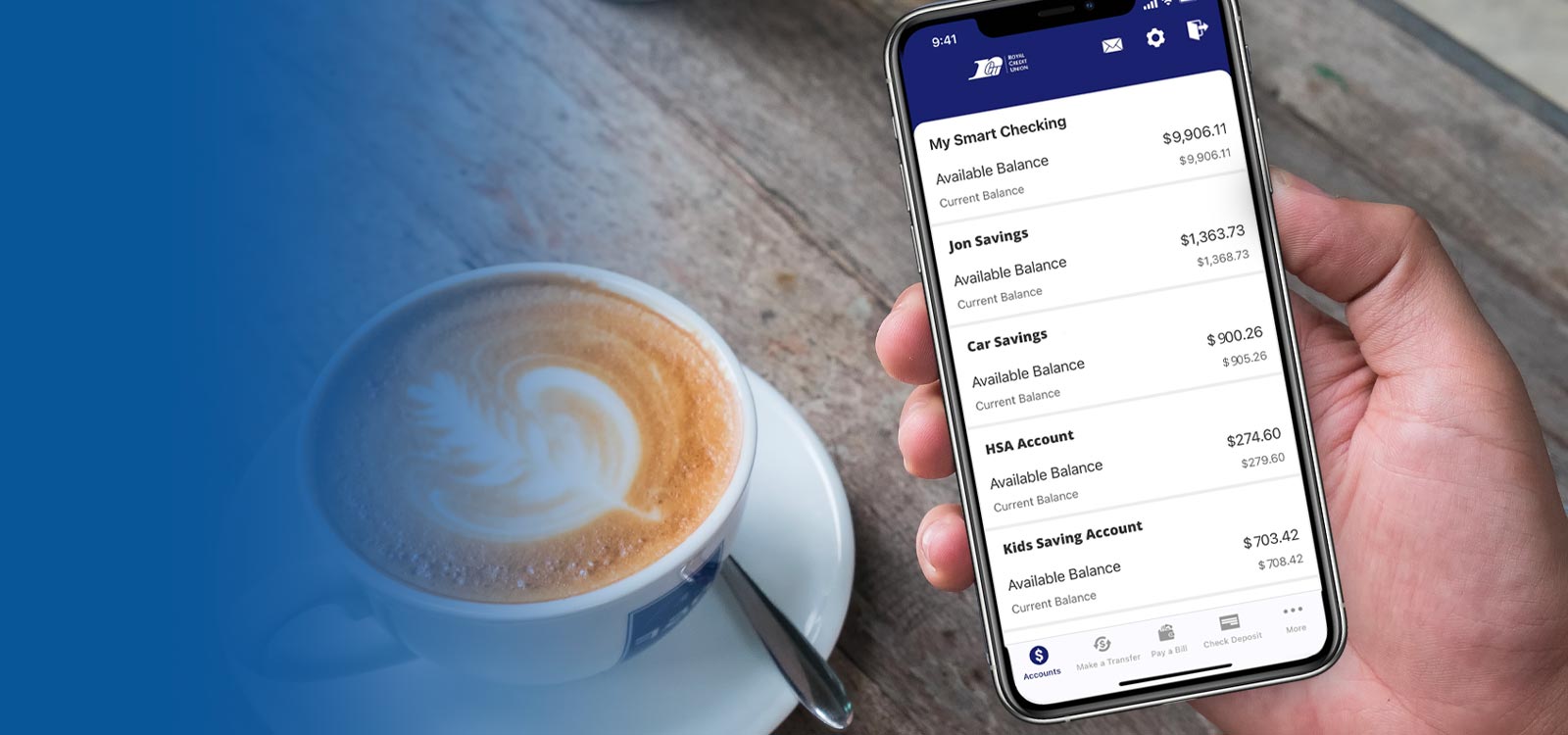 Person holding a mobile phone with Royal's online banking