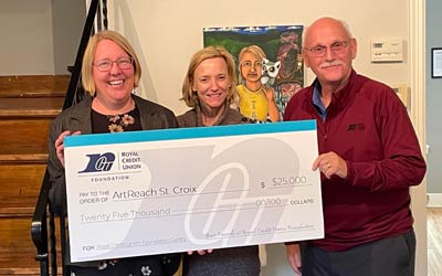 Team members holding a large check