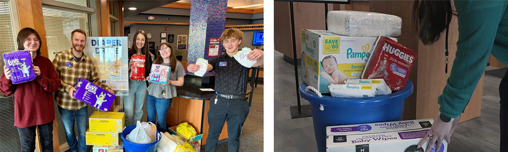 Photos from the Diaper drive of people holding diapers and supplies