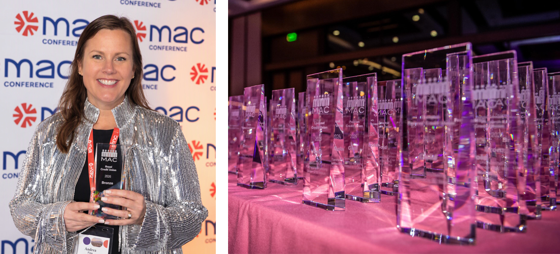 Images from the event of the table with all of the awards and a Royal team member holding RCU's trophy