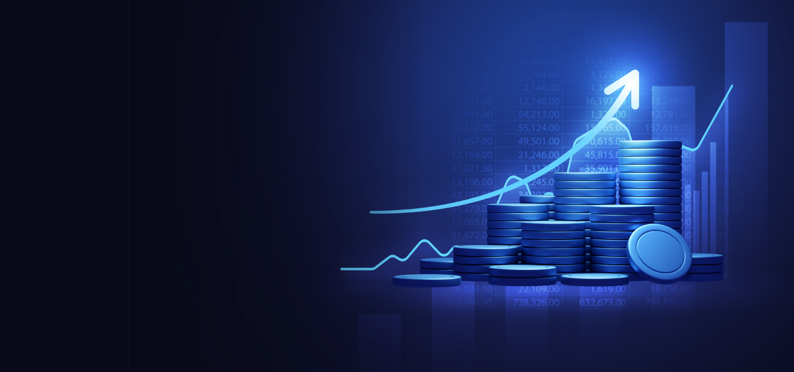 Graphic of business icons and chart with arrow going up