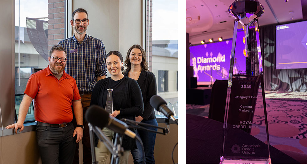 Photo of team of Money Donuts podcasters and also the award they won