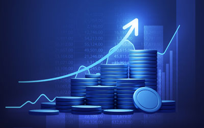 Graphic of business icons and chart with arrow going up